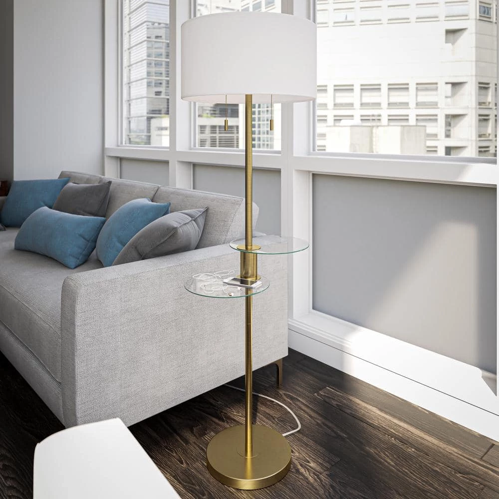 Karman 60.75 in. Antique Brass Indoor Floor Lamp with Drum Shade by Manor Brook 4 Karman 60.75 in. Antique Brass Indoor Floor Lamp with Drum Shade by Manor Brook - Image 2