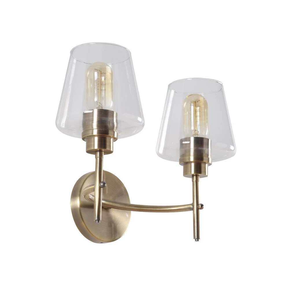 Martin 14 in. 2-Light Antique Brass Vanity Light with Clear Glass Shades by Manor Brook 3 Martin 14 in. 2-Light Antique Brass Vanity Light with Clear Glass Shades by Manor Brook - Image 2