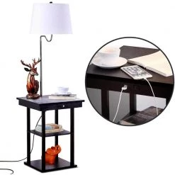 Madison 56 in. Black Narrow End Table with Built-In LED Lamp with White Shade Wireless Charging Station and USB Port by Brightech