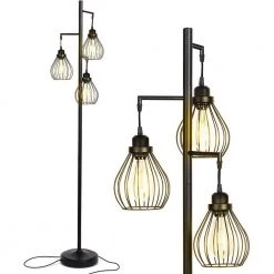 Teardrop 68 in. Black LED Floor Lamp with 3 Cage Shades and Edison Bulbs by Brightech
