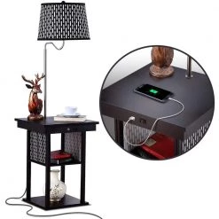 Madison 56 in. Black Narrow End Table with Built-In LED Lamp with Pattern Shade and USB Port by Brightech