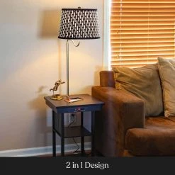 Madison 56 in. Black Narrow End Table with Built-In LED Lamp with Pattern Shade Wireless Charging Station and USB Port by Brightech -Brightech Sales black brightech floor lamps y2 a3bb xh19 1f 1000