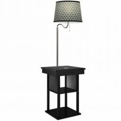 Madison 56 in. Black Narrow End Table with Built-In LED Lamp with Pattern Shade Wireless Charging Station and USB Port by Brightech