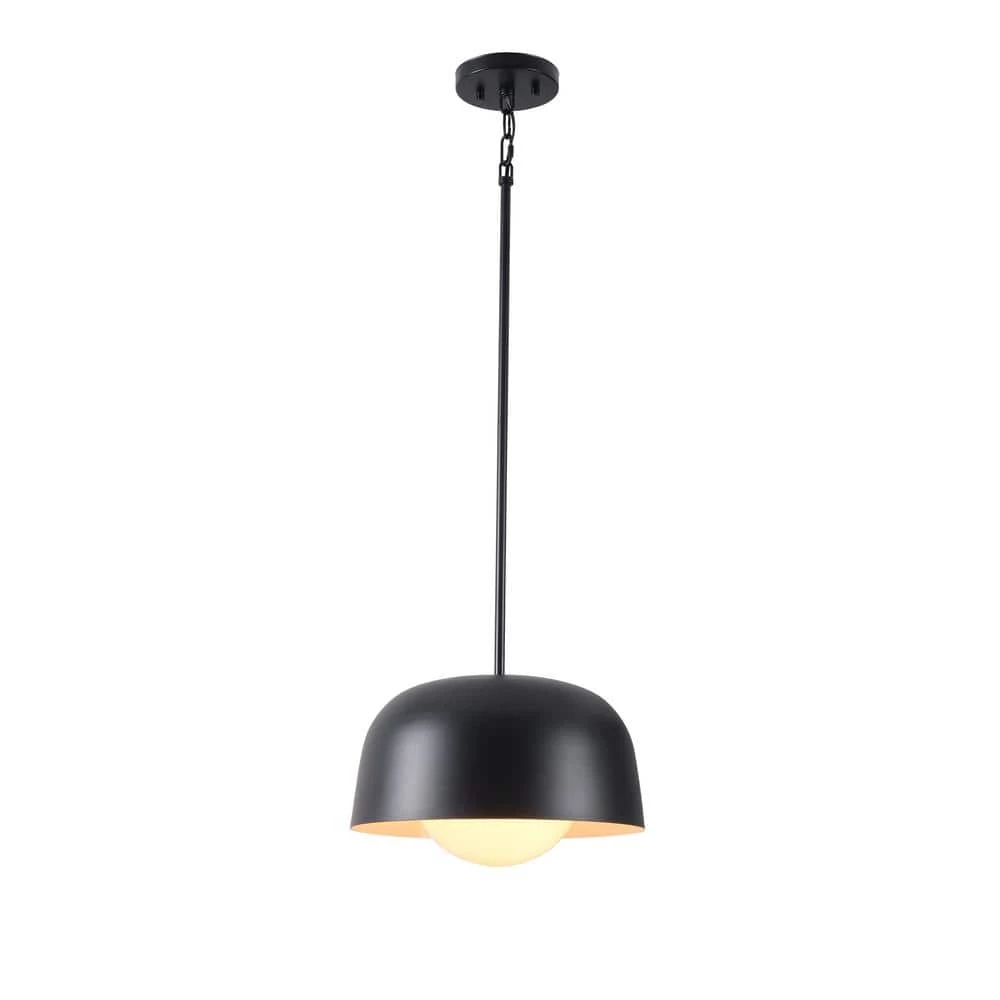 Millie 1-Light Black Mini Pendant with Outer Metal Shade and Inner White Glass Shade by Manor Brook 3 Millie 1-Light Black Mini Pendant with Outer Metal Shade and Inner White Glass Shade by Manor Brook