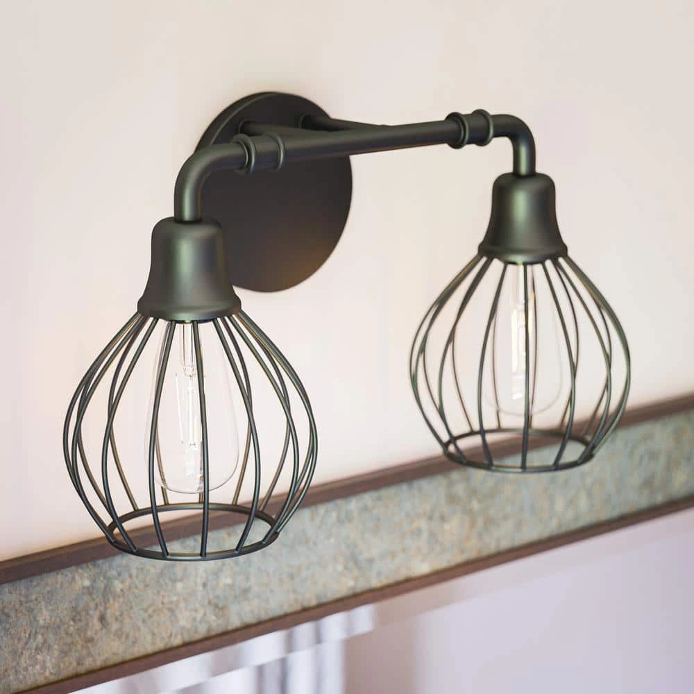 Lacey 5 in. 2-Light Sand Black Vanity-Light with Metal Frame Shade by Manor Brook 8 Lacey 5 in. 2-Light Sand Black Vanity-Light with Metal Frame Shade by Manor Brook - Image 6