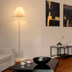 Mika 65 in. Brass Floor Lamp with White Fabric Shade by Brightech -Brightech Sales brass brightech floor lamps fl mka brs 1f 1000