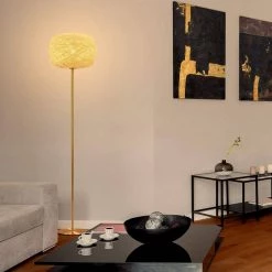 Rowan 66 in. Brass LED Floor Lamp with Round Woven Shade by Brightech -Brightech Sales brass brightech floor lamps fl rwn brs 4f 1000