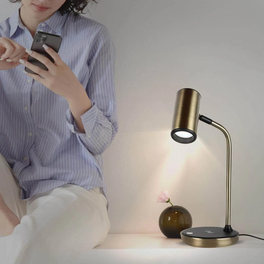 Ezra 16.5 in. Brass LED Table Lamp with Wireless Charging Pad by Brightech 4 Ezra 16.5 in. Brass LED Table Lamp with Wireless Charging Pad by Brightech - Image 2