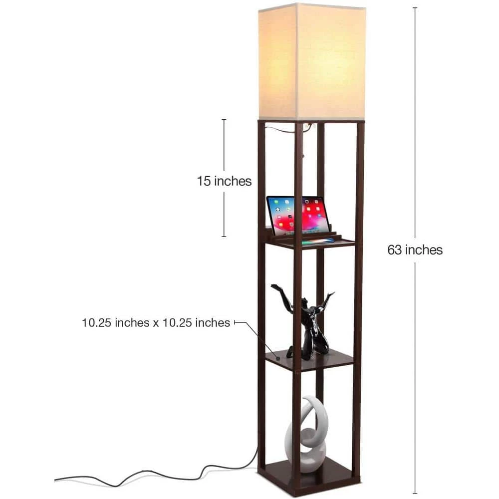 Maxwell 63 in. Brown LED Skinny Shelf Floor Lamp with USB Charging Ports and Electrical Outlet by Brightech 6 Maxwell 63 in. Brown LED Skinny Shelf Floor Lamp with USB Charging Ports and Electrical Outlet by Brightech - Image 4