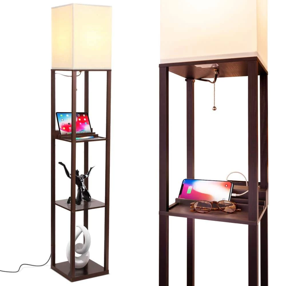Maxwell 63 in. Brown LED Skinny Shelf Floor Lamp with USB Charging Ports and Electrical Outlet by Brightech 3 Maxwell 63 in. Brown LED Skinny Shelf Floor Lamp with USB Charging Ports and Electrical Outlet by Brightech