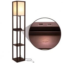 16.3 in. Havana Brown Floor Lamp with Shelves and Wireless Charging by Brightech