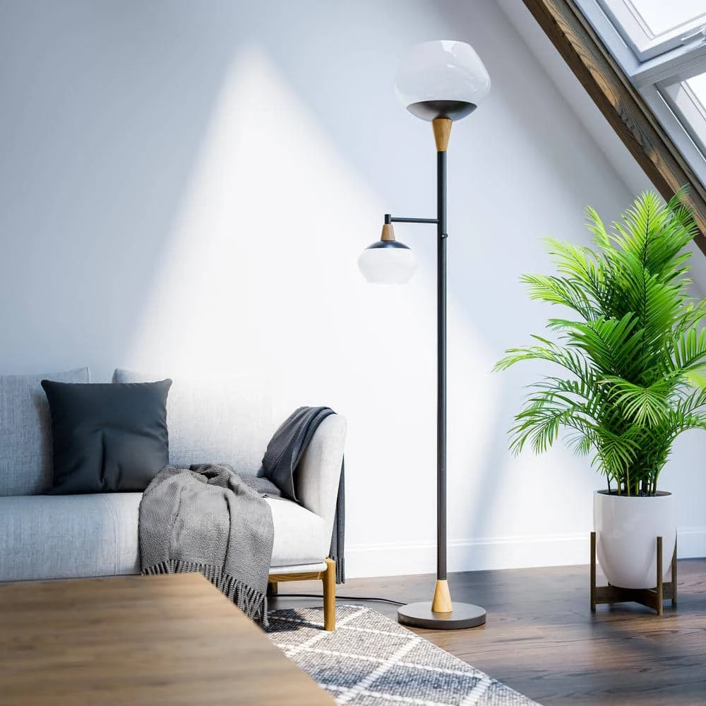 Linton 71.375 in. Oil Rubbed Bronze with Wood Accents Torchiere Floor Lamp by Manor Brook 4 Linton 71.375 in. Oil Rubbed Bronze with Wood Accents Torchiere Floor Lamp by Manor Brook - Image 2