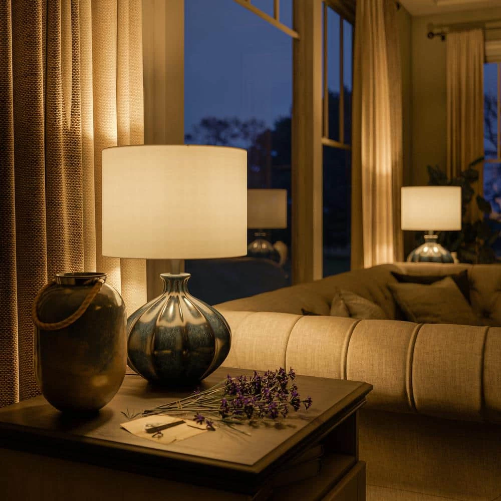 Cona 22 in. Reactive Blue Ceramic Glaze with Black Table Lamp with White Drum Shade by Manor Brook 6 Cona 22 in. Reactive Blue Ceramic Glaze with Black Table Lamp with White Drum Shade by Manor Brook - Image 4