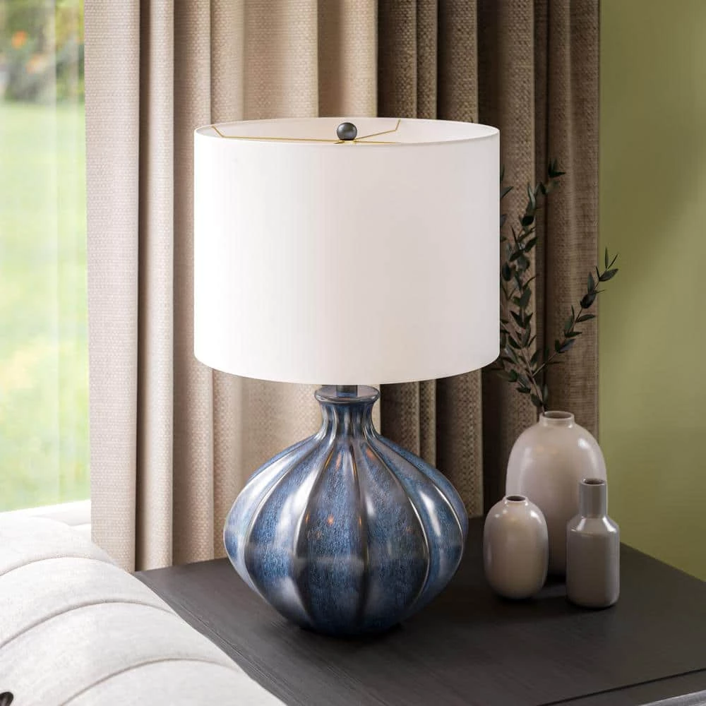 Cona 22 in. Reactive Blue Ceramic Glaze with Black Table Lamp with White Drum Shade by Manor Brook 4 Cona 22 in. Reactive Blue Ceramic Glaze with Black Table Lamp with White Drum Shade by Manor Brook - Image 2