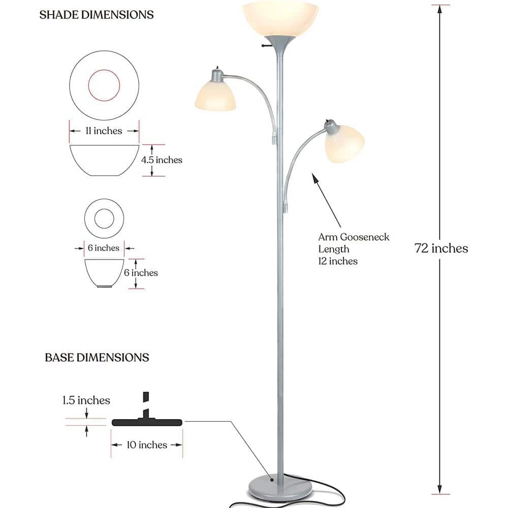 Sky Dome Double 72 in. Silver Torchiere LED Floor Lamp with 2 Adjustable Arms by Brightech 4 Sky Dome Double 72 in. Silver Torchiere LED Floor Lamp with 2 Adjustable Arms by Brightech - Image 2