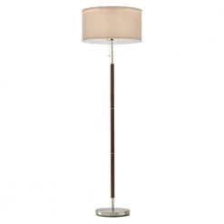 Carter 65 in. Walnut Wood LED Floor Lamp with Drum Fabric Shade and Satin Nickel Finish by Brightech