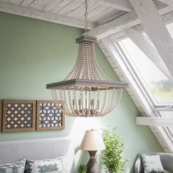Duke 6-Light Weathered Wood Beaded Chandelier with Light Gray Frame by Manor Brook -Brightech Sales weathered wood manor brook chandeliers mb100610 4f 1000