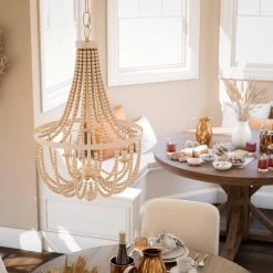 Oliver 3-Light Weathered White Beads Shade Natural Wood Beaded Chandelier by Manor Brook -Brightech Sales white with weathered white beads manor brook chandeliers mb100548 1f 1000